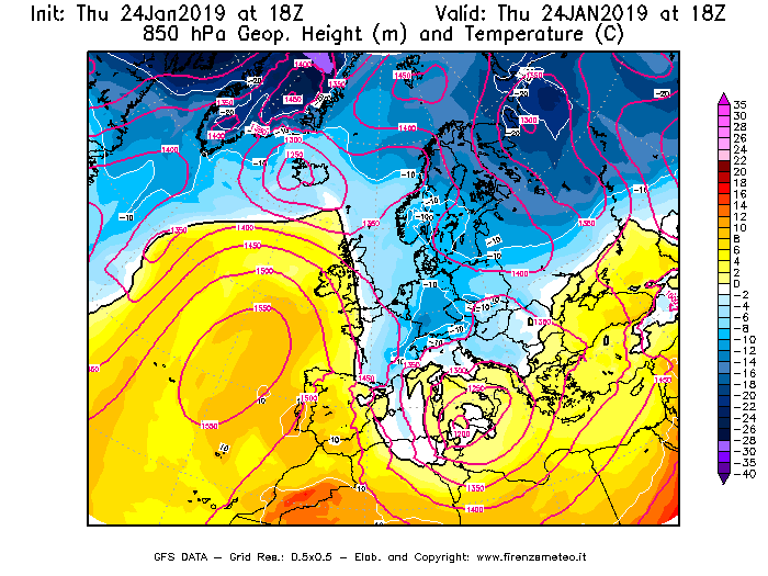 Mappa di analisi GFS - Geopotenziale [m] e Temperatura [°C] a 850 hPa in Europa
									del 24/01/2019 18 <!--googleoff: index-->UTC<!--googleon: index-->