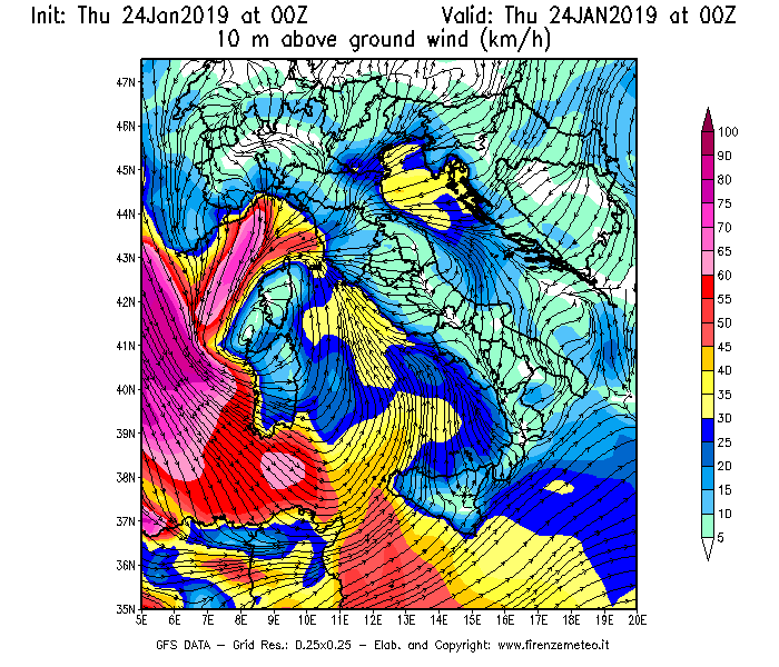 Mappa di analisi GFS - Velocità del vento a 10 metri dal suolo [km/h] in Italia
									del 24/01/2019 00 <!--googleoff: index-->UTC<!--googleon: index-->