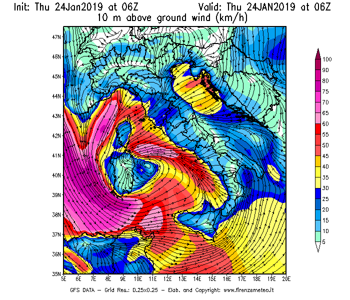 Mappa di analisi GFS - Velocità del vento a 10 metri dal suolo [km/h] in Italia
							del 24/01/2019 06 <!--googleoff: index-->UTC<!--googleon: index-->