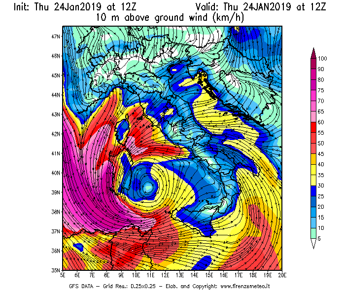 Mappa di analisi GFS - Velocità del vento a 10 metri dal suolo [km/h] in Italia
									del 24/01/2019 12 <!--googleoff: index-->UTC<!--googleon: index-->