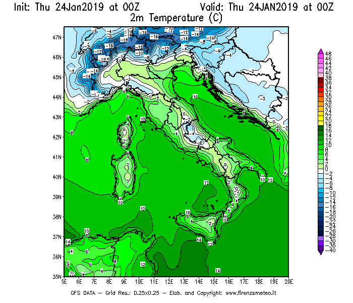 Mappa di analisi GFS - Temperatura a 2 metri dal suolo [°C] in Italia
							del 24/01/2019 00 <!--googleoff: index-->UTC<!--googleon: index-->