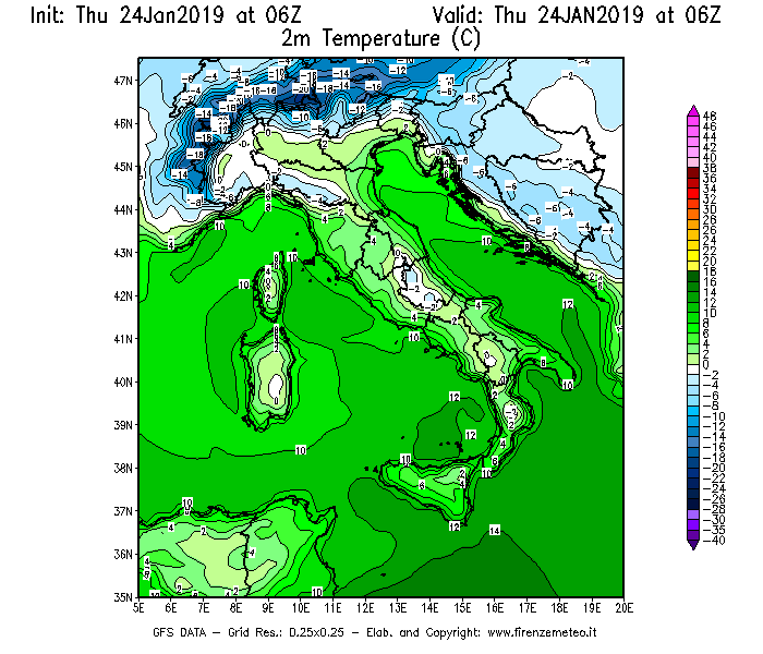 Mappa di analisi GFS - Temperatura a 2 metri dal suolo [°C] in Italia
							del 24/01/2019 06 <!--googleoff: index-->UTC<!--googleon: index-->