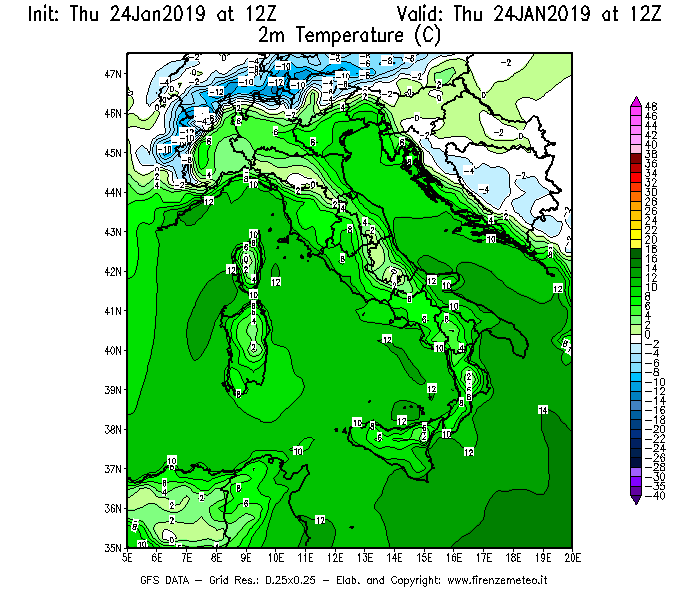 Mappa di analisi GFS - Temperatura a 2 metri dal suolo [°C] in Italia
							del 24/01/2019 12 <!--googleoff: index-->UTC<!--googleon: index-->