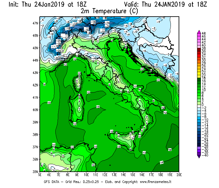 Mappa di analisi GFS - Temperatura a 2 metri dal suolo [°C] in Italia
							del 24/01/2019 18 <!--googleoff: index-->UTC<!--googleon: index-->