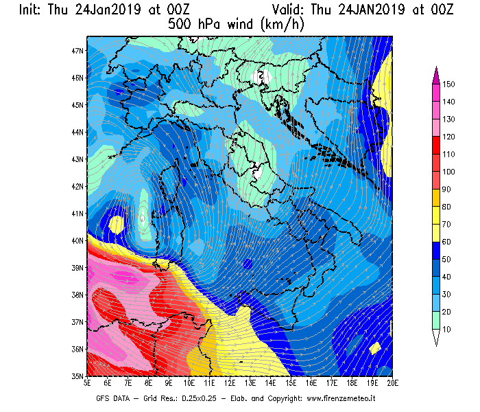 Mappa di analisi GFS - Velocità del vento a 500 hPa [km/h] in Italia
							del 24/01/2019 00 <!--googleoff: index-->UTC<!--googleon: index-->
