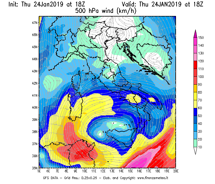 Mappa di analisi GFS - Velocità del vento a 500 hPa [km/h] in Italia
							del 24/01/2019 18 <!--googleoff: index-->UTC<!--googleon: index-->