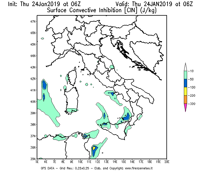 Mappa di analisi GFS - CIN [J/kg] in Italia
									del 24/01/2019 06 <!--googleoff: index-->UTC<!--googleon: index-->