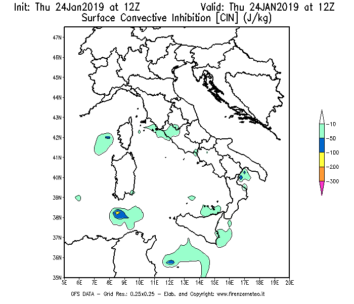 Mappa di analisi GFS - CIN [J/kg] in Italia
							del 24/01/2019 12 <!--googleoff: index-->UTC<!--googleon: index-->