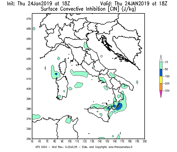 Mappa di analisi GFS - CIN [J/kg] in Italia
									del 24/01/2019 18 <!--googleoff: index-->UTC<!--googleon: index-->