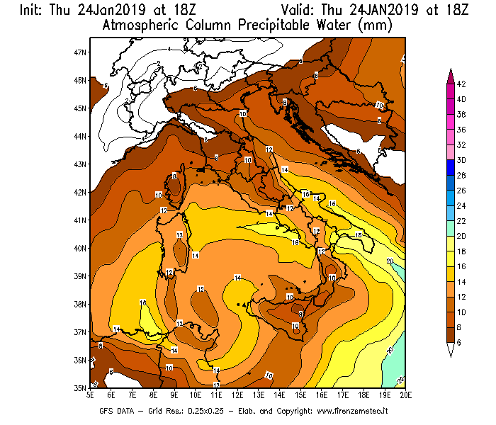 Mappa di analisi GFS - Precipitable Water [mm] in Italia
									del 24/01/2019 18 <!--googleoff: index-->UTC<!--googleon: index-->