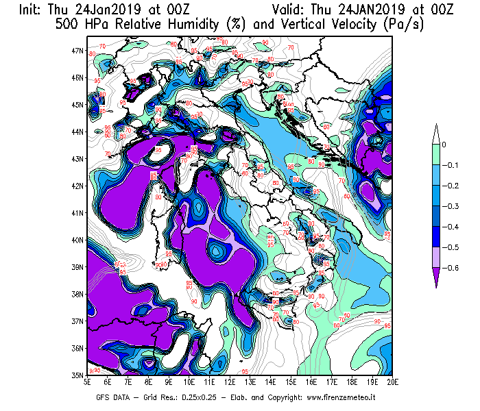 Mappa di analisi GFS - Umidità relativa [%] e Omega [Pa/s] a 500 hPa in Italia
									del 24/01/2019 00 <!--googleoff: index-->UTC<!--googleon: index-->