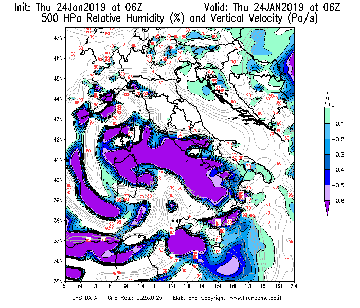 Mappa di analisi GFS - Umidità relativa [%] e Omega [Pa/s] a 500 hPa in Italia
							del 24/01/2019 06 <!--googleoff: index-->UTC<!--googleon: index-->
