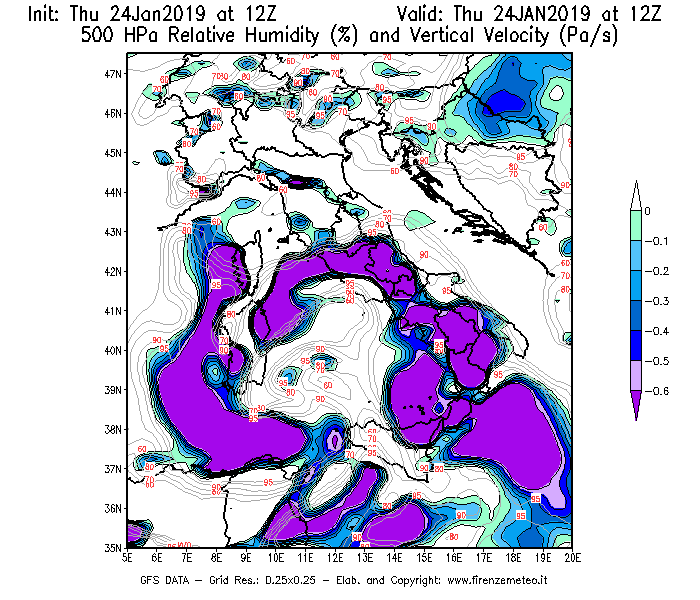 Mappa di analisi GFS - Umidità relativa [%] e Omega [Pa/s] a 500 hPa in Italia
									del 24/01/2019 12 <!--googleoff: index-->UTC<!--googleon: index-->