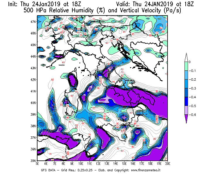 Mappa di analisi GFS - Umidità relativa [%] e Omega [Pa/s] a 500 hPa in Italia
							del 24/01/2019 18 <!--googleoff: index-->UTC<!--googleon: index-->