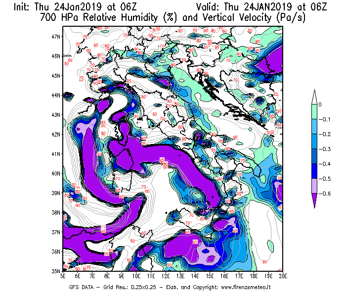 Mappa di analisi GFS - Umidità relativa [%] e Omega [Pa/s] a 700 hPa in Italia
							del 24/01/2019 06 <!--googleoff: index-->UTC<!--googleon: index-->