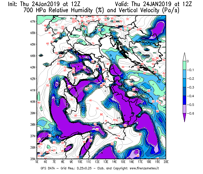 Mappa di analisi GFS - Umidità relativa [%] e Omega [Pa/s] a 700 hPa in Italia
							del 24/01/2019 12 <!--googleoff: index-->UTC<!--googleon: index-->