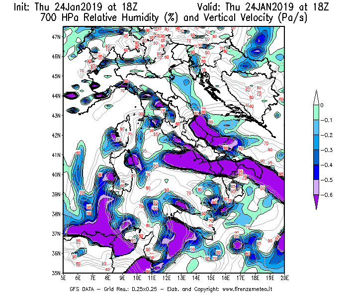 Mappa di analisi GFS - Umidità relativa [%] e Omega [Pa/s] a 700 hPa in Italia
							del 24/01/2019 18 <!--googleoff: index-->UTC<!--googleon: index-->