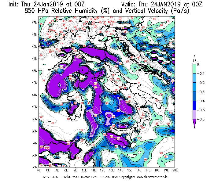 Mappa di analisi GFS - Umidità relativa [%] e Omega [Pa/s] a 850 hPa in Italia
									del 24/01/2019 00 <!--googleoff: index-->UTC<!--googleon: index-->