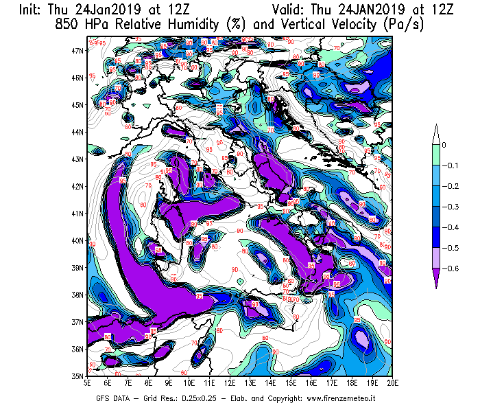 Mappa di analisi GFS - Umidità relativa [%] e Omega [Pa/s] a 850 hPa in Italia
							del 24/01/2019 12 <!--googleoff: index-->UTC<!--googleon: index-->