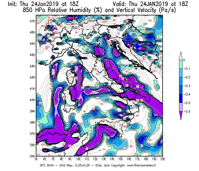Mappa di analisi GFS - Umidità relativa [%] e Omega [Pa/s] a 850 hPa in Italia
							del 24/01/2019 18 <!--googleoff: index-->UTC<!--googleon: index-->