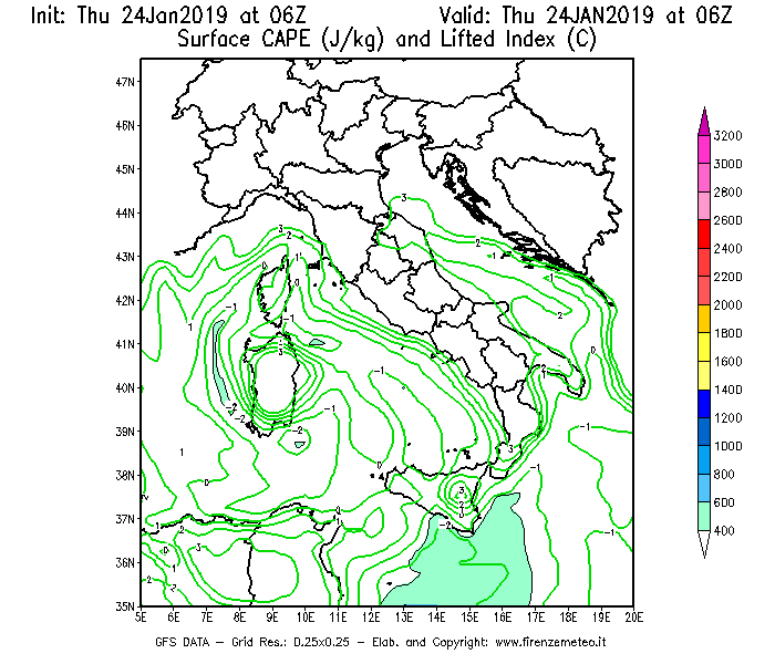 Mappa di analisi GFS - CAPE [J/kg] e Lifted Index [°C] in Italia
							del 24/01/2019 06 <!--googleoff: index-->UTC<!--googleon: index-->