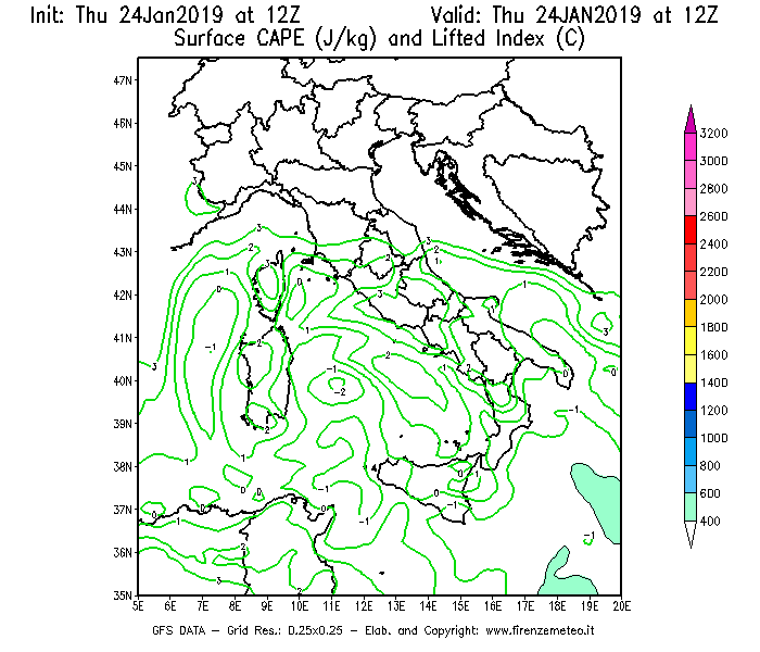 Mappa di analisi GFS - CAPE [J/kg] e Lifted Index [°C] in Italia
									del 24/01/2019 12 <!--googleoff: index-->UTC<!--googleon: index-->