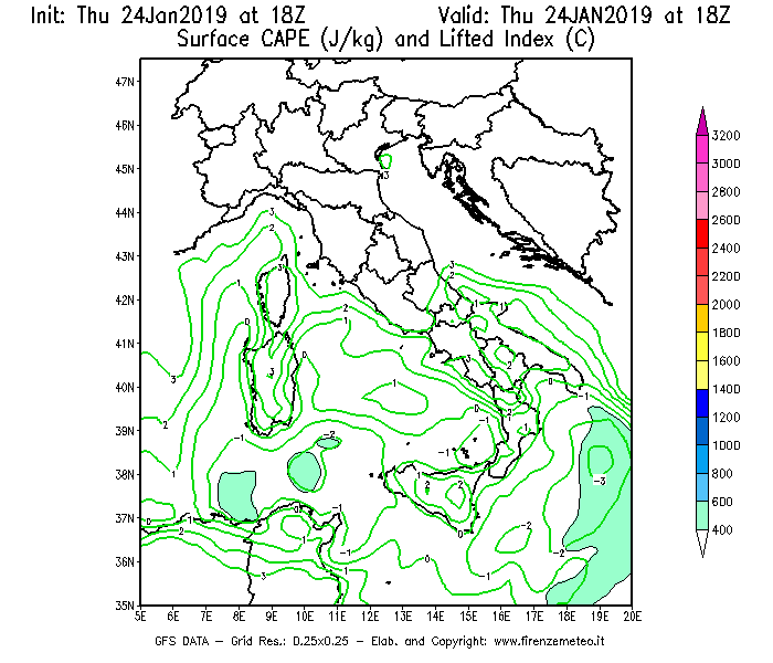 Mappa di analisi GFS - CAPE [J/kg] e Lifted Index [°C] in Italia
							del 24/01/2019 18 <!--googleoff: index-->UTC<!--googleon: index-->
