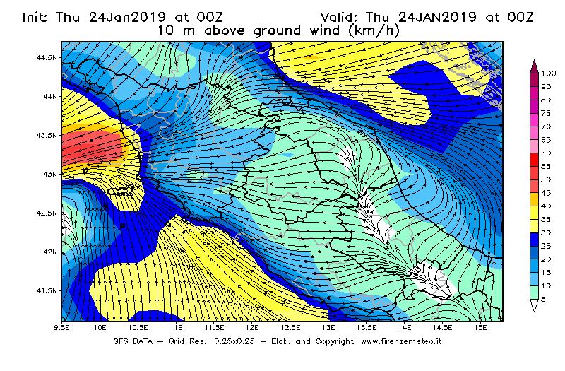 Mappa di analisi GFS - Velocità del vento a 10 metri dal suolo [km/h] in Centro-Italia
							del 24/01/2019 00 <!--googleoff: index-->UTC<!--googleon: index-->