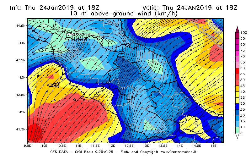 Mappa di analisi GFS - Velocità del vento a 10 metri dal suolo [km/h] in Centro-Italia
							del 24/01/2019 18 <!--googleoff: index-->UTC<!--googleon: index-->