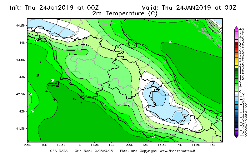 Mappa di analisi GFS - Temperatura a 2 metri dal suolo [°C] in Centro-Italia
							del 24/01/2019 00 <!--googleoff: index-->UTC<!--googleon: index-->