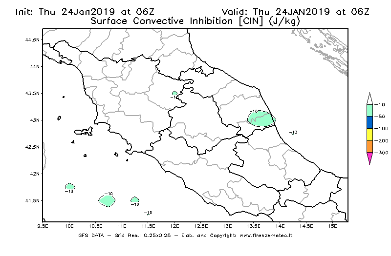 Mappa di analisi GFS - CIN [J/kg] in Centro-Italia
							del 24/01/2019 06 <!--googleoff: index-->UTC<!--googleon: index-->
