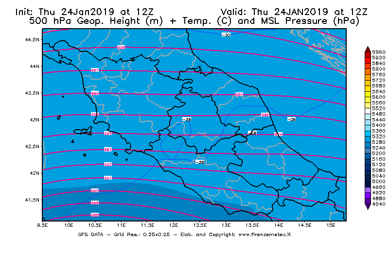 Mappa di analisi GFS - Geopotenziale [m] + Temp. [°C] a 500 hPa + Press. a livello del mare [hPa] in Centro-Italia
							del 24/01/2019 12 <!--googleoff: index-->UTC<!--googleon: index-->