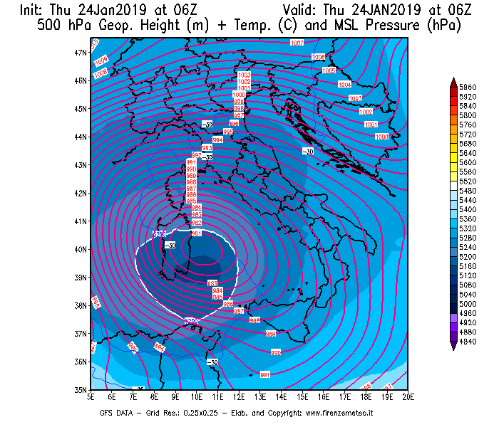 Mappa di analisi GFS - Geopotenziale [m] + Temp. [°C] a 500 hPa + Press. a livello del mare [hPa] in Italia
									del 24/01/2019 06 <!--googleoff: index-->UTC<!--googleon: index-->