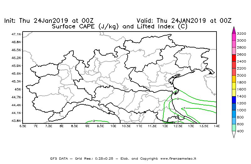 Mappa di analisi GFS - CAPE [J/kg] e Lifted Index [°C] in Nord-Italia
									del 24/01/2019 00 <!--googleoff: index-->UTC<!--googleon: index-->