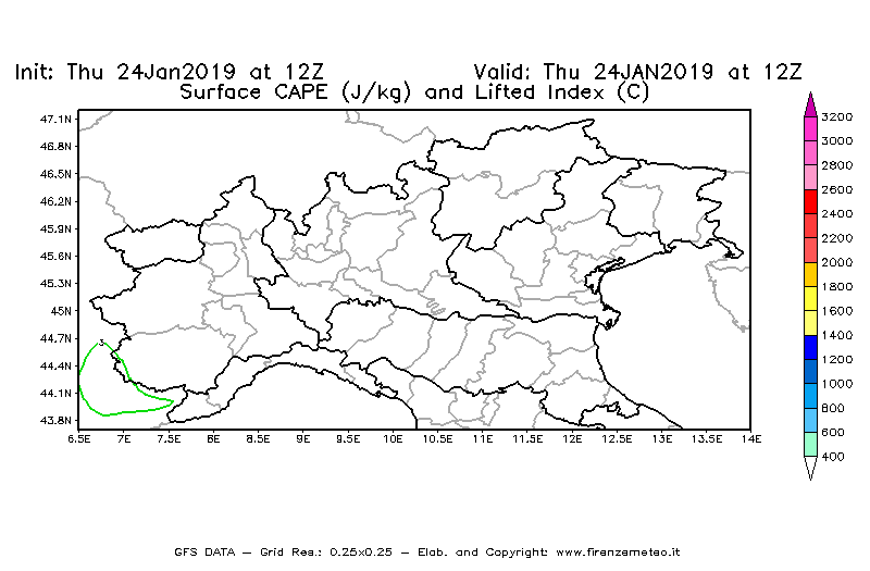 Mappa di analisi GFS - CAPE [J/kg] e Lifted Index [°C] in Nord-Italia
							del 24/01/2019 12 <!--googleoff: index-->UTC<!--googleon: index-->