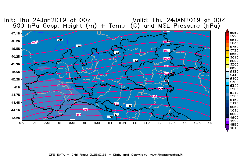 Mappa di analisi GFS - Geopotenziale [m] + Temp. [°C] a 500 hPa + Press. a livello del mare [hPa] in Nord-Italia
									del 24/01/2019 00 <!--googleoff: index-->UTC<!--googleon: index-->