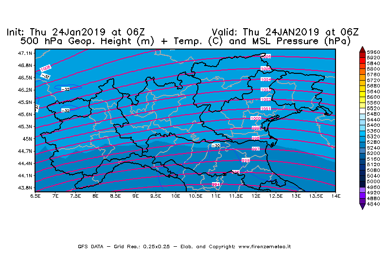 Mappa di analisi GFS - Geopotenziale [m] + Temp. [°C] a 500 hPa + Press. a livello del mare [hPa] in Nord-Italia
							del 24/01/2019 06 <!--googleoff: index-->UTC<!--googleon: index-->