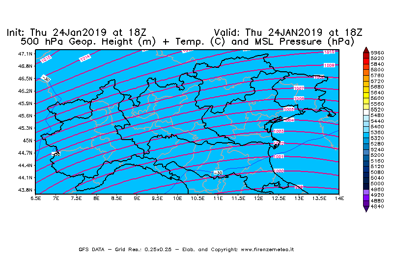 Mappa di analisi GFS - Geopotenziale [m] + Temp. [°C] a 500 hPa + Press. a livello del mare [hPa] in Nord-Italia
							del 24/01/2019 18 <!--googleoff: index-->UTC<!--googleon: index-->