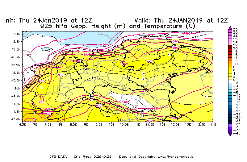 Mappa di analisi GFS - Geopotenziale [m] e Temperatura [°C] a 925 hPa in Nord-Italia
									del 24/01/2019 12 <!--googleoff: index-->UTC<!--googleon: index-->