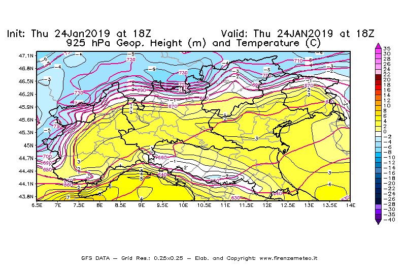 Mappa di analisi GFS - Geopotenziale [m] e Temperatura [°C] a 925 hPa in Nord-Italia
							del 24/01/2019 18 <!--googleoff: index-->UTC<!--googleon: index-->