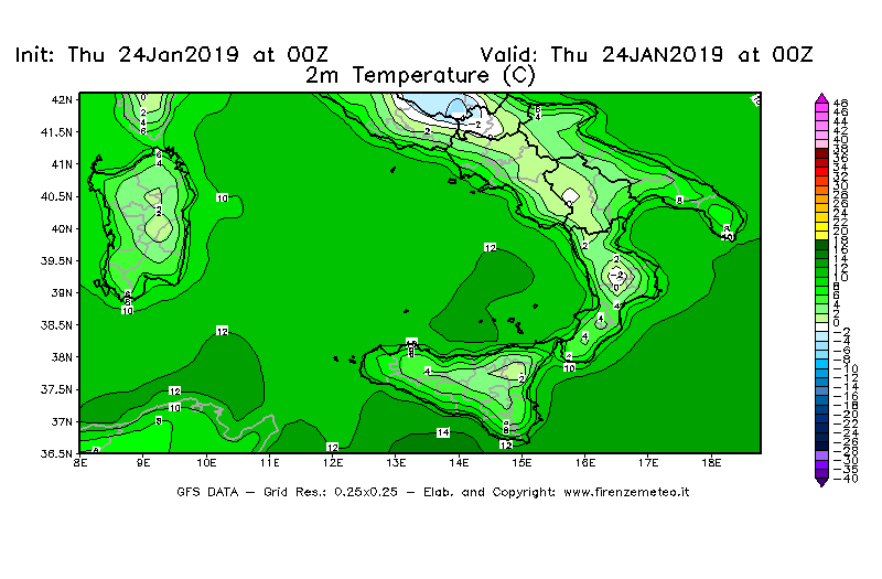 Mappa di analisi GFS - Temperatura a 2 metri dal suolo [°C] in Sud-Italia
							del 24/01/2019 00 <!--googleoff: index-->UTC<!--googleon: index-->