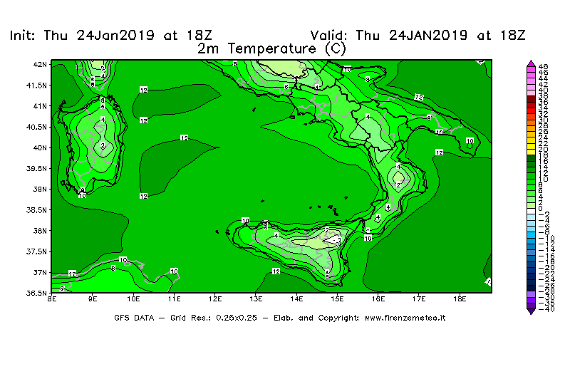 Mappa di analisi GFS - Temperatura a 2 metri dal suolo [°C] in Sud-Italia
							del 24/01/2019 18 <!--googleoff: index-->UTC<!--googleon: index-->