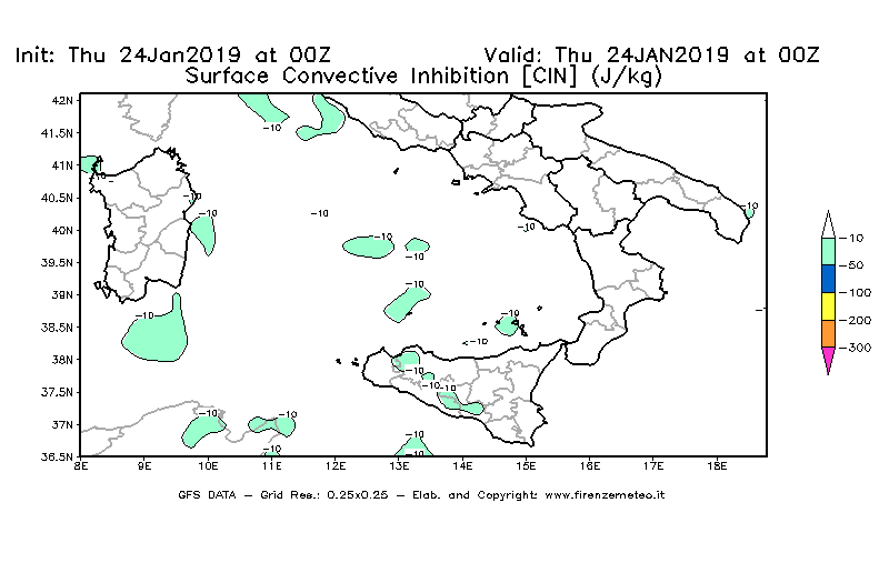 Mappa di analisi GFS - CIN [J/kg] in Sud-Italia
							del 24/01/2019 00 <!--googleoff: index-->UTC<!--googleon: index-->