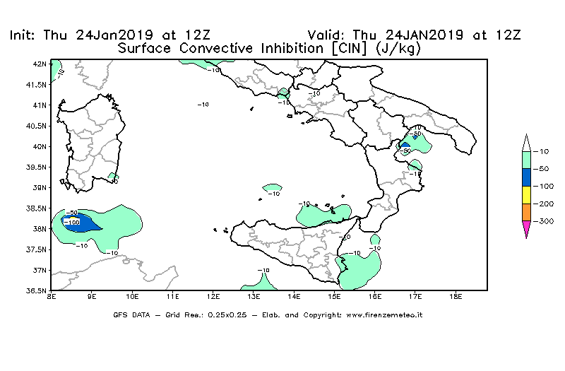 Mappa di analisi GFS - CIN [J/kg] in Sud-Italia
									del 24/01/2019 12 <!--googleoff: index-->UTC<!--googleon: index-->