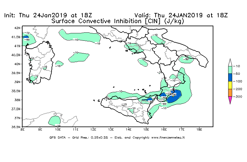 Mappa di analisi GFS - CIN [J/kg] in Sud-Italia
							del 24/01/2019 18 <!--googleoff: index-->UTC<!--googleon: index-->