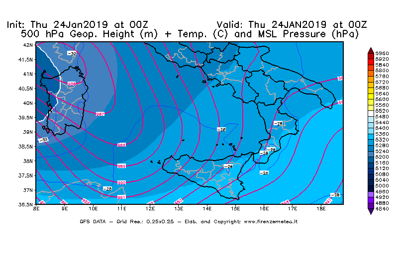 Mappa di analisi GFS - Geopotenziale [m] + Temp. [°C] a 500 hPa + Press. a livello del mare [hPa] in Sud-Italia
							del 24/01/2019 00 <!--googleoff: index-->UTC<!--googleon: index-->