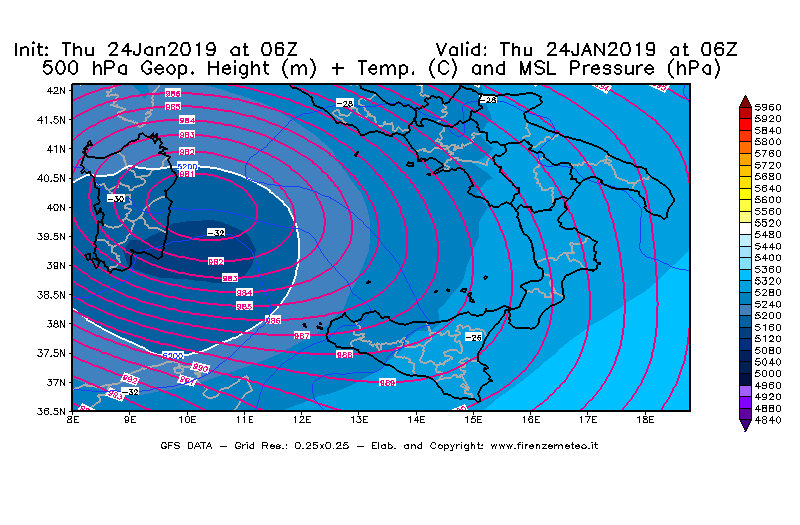 Mappa di analisi GFS - Geopotenziale [m] + Temp. [°C] a 500 hPa + Press. a livello del mare [hPa] in Sud-Italia
							del 24/01/2019 06 <!--googleoff: index-->UTC<!--googleon: index-->