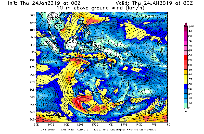 Mappa di analisi GFS - Velocità del vento a 10 metri dal suolo [km/h] in Oceania
									del 24/01/2019 00 <!--googleoff: index-->UTC<!--googleon: index-->