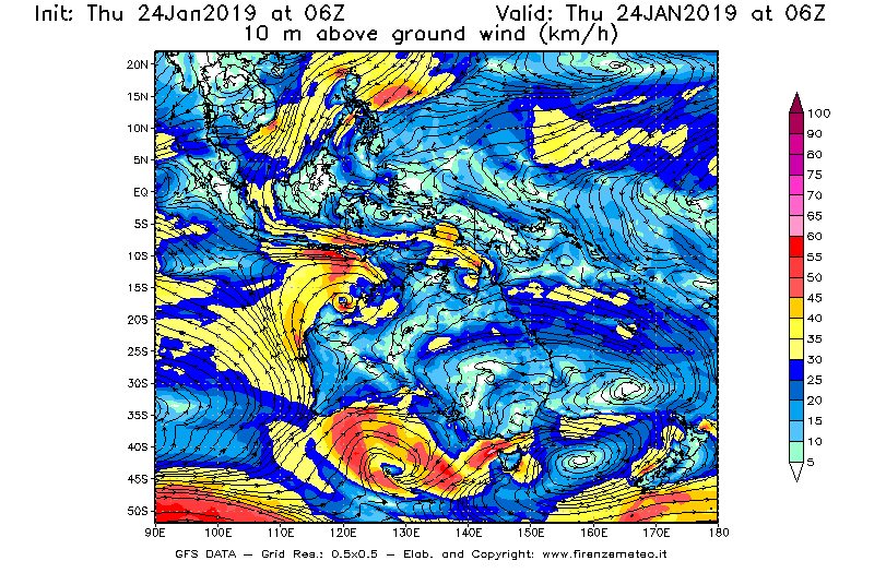 Mappa di analisi GFS - Velocità del vento a 10 metri dal suolo [km/h] in Oceania
							del 24/01/2019 06 <!--googleoff: index-->UTC<!--googleon: index-->