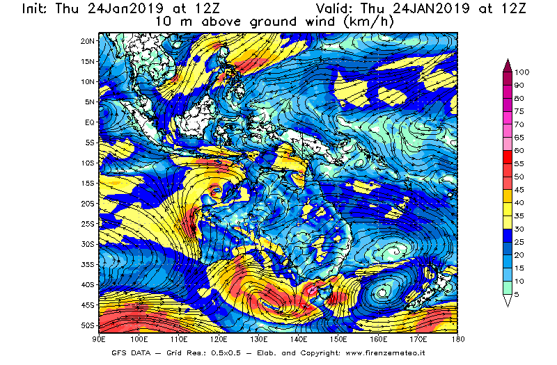 Mappa di analisi GFS - Velocità del vento a 10 metri dal suolo [km/h] in Oceania
									del 24/01/2019 12 <!--googleoff: index-->UTC<!--googleon: index-->